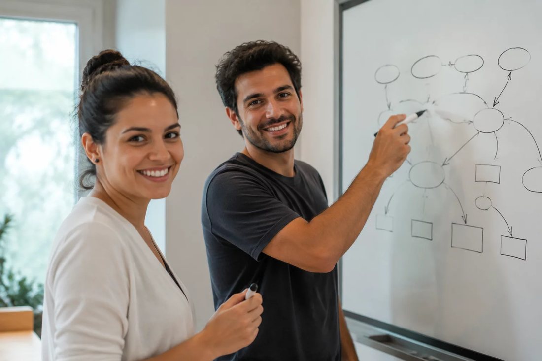 Duas pessoas diante de um quadro branco com a armação de um argumento rabiscada